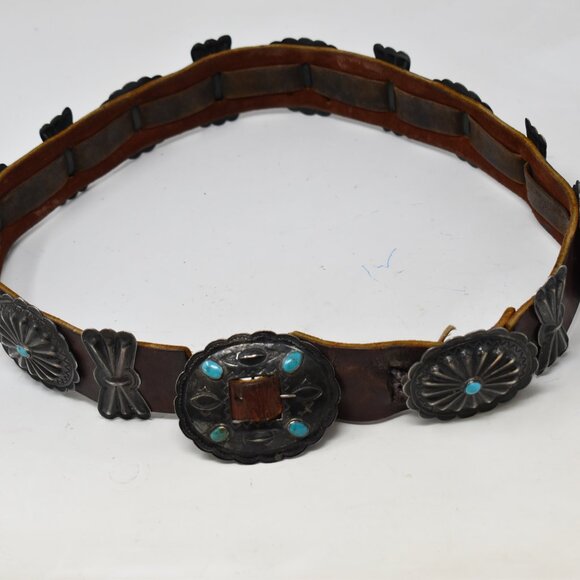 VINTAGE NAVAJO OLD PAWN 1ST PHASE COIN SILVER NAT TURQUOISE CONCHO BELT 1930-50 - Picture 1 of 15